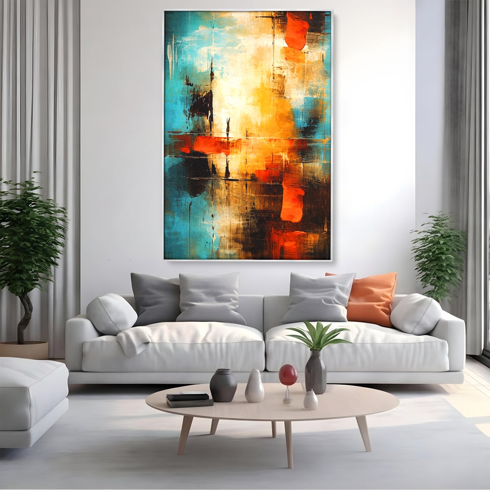 Tablou canvas cu pictura abstracta cu portocaliu si albastru, in rama de aluminiu argintiu, pe perete intr-un living